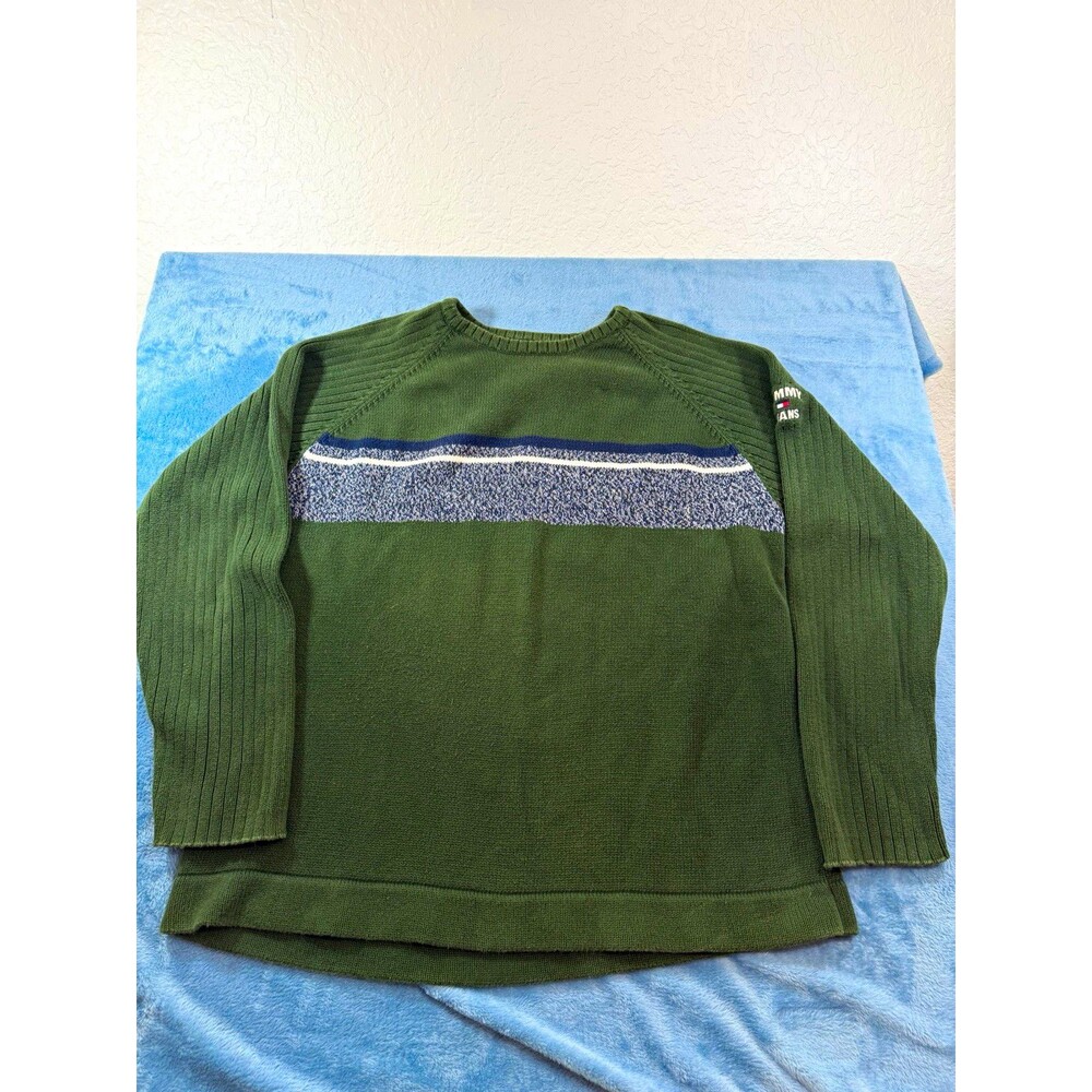 Tommy Jeans Men's Striped Rib-Knit Crewneck Pullover Sweater Green XXL Logo